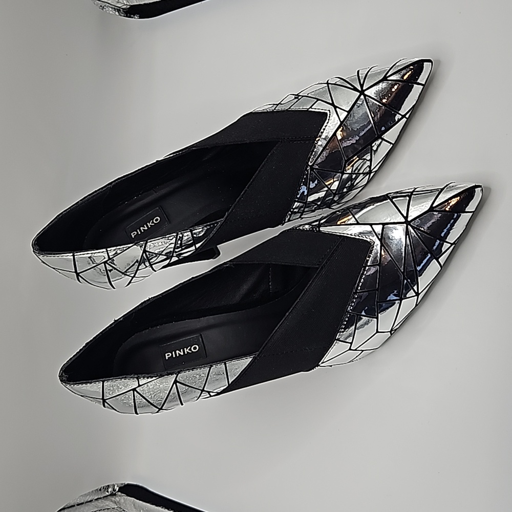 Pinko Patent Leather Silver Mirror Colorblock Pattern Pumps